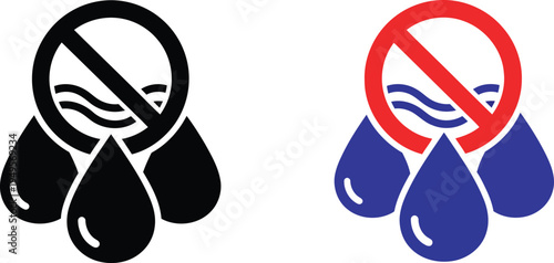 Prohibited and allowed substances depicted with water droplets in a circular symbol. Vector