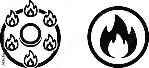 Ancient symbols featuring fire and mystical elements within circular borders Vector