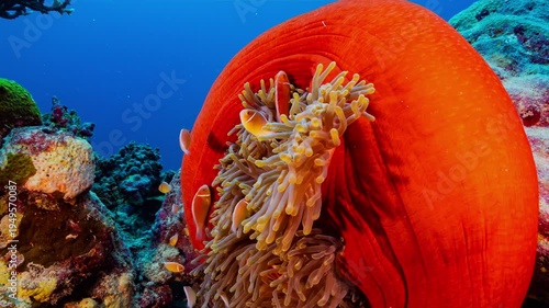 Wallpaper Mural Close up underwater shot of a bright red anemone with yellow tentacles and a family of clownfish on a reef in Palau Torontodigital.ca