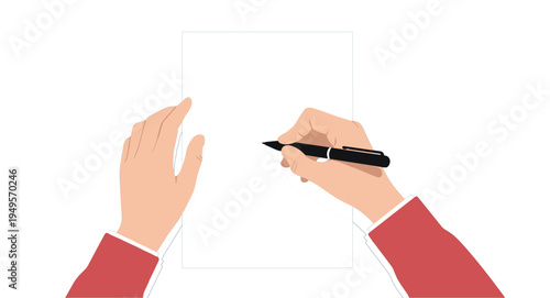 Hands Writing on Paper with Pen Top View Illustration for Note Taking, Signature, Document Drafting and Business Education Concept Vector Design