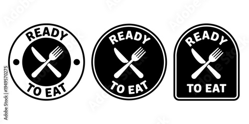 Ready to eat labels with knife and fork icons in black and white