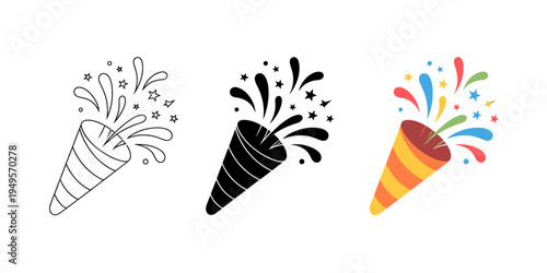 Colorful party popper icons with confetti and stars on white background