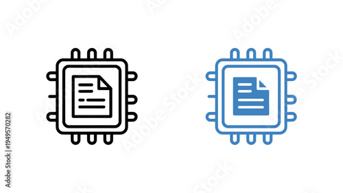 Two colored line icons of computer microchip with document on white background