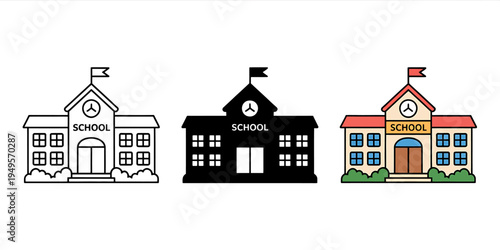 Three colorful school building icons in different styles and colors on white background