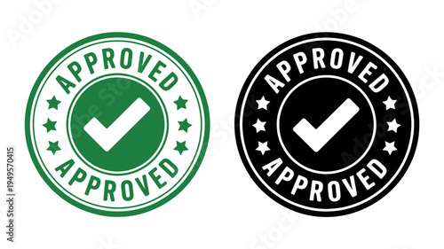 Green and black approved checkmark badges with stars on white background