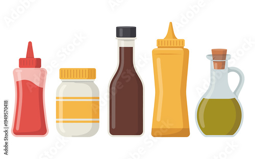 Five bottles of sauce and oil on white background