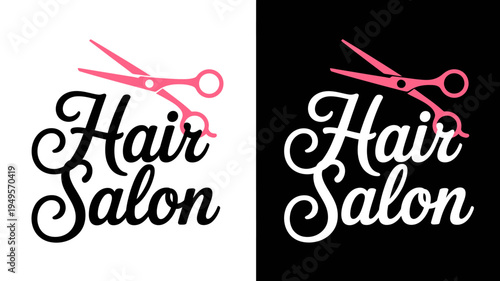 Hair salon logo with scissors on white and dark backgrounds