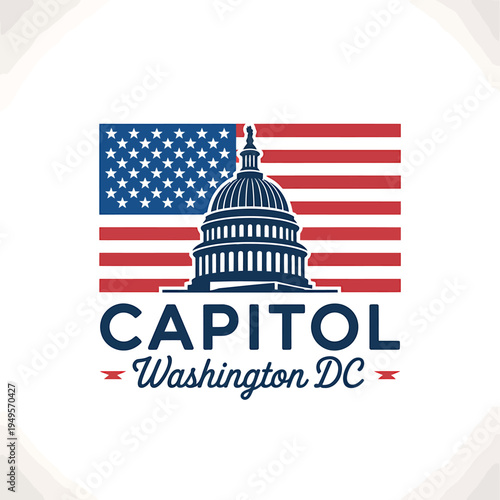 American Capitol building Washington DC icon with flag  United States landmark symbol
