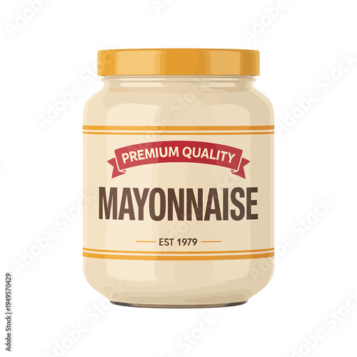 Glass jar of mayonnaise with premium quality label and yellow lid