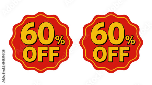 Two red discount labels with sixty percent off text on white background