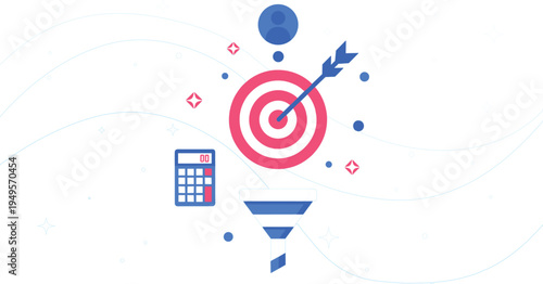 Business Target and Sales Funnel Concept with Bullseye Arrow, Customer Avatar, Conversion Funnel and Marketing Analytics Vector Illustration