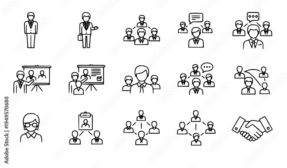 Fototapeta premium Business team outline icons vector corporate professionals and teamwork set