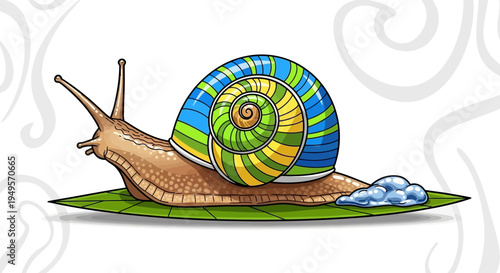 Colorful snail illustration on a green leaf with blue drool