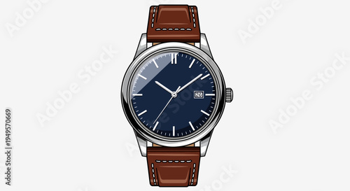 A stylish leather strap watch with a dark blue face is shown on a white background.