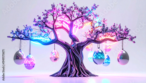 Vibrant neon tree with glowing easter eggs