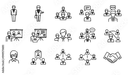 Business team outline icons vector corporate professionals and teamwork set
