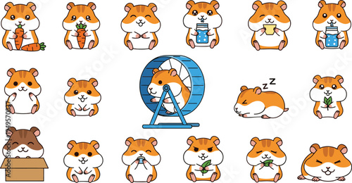 Cartoon hamsters, cute poses, pet activities, eating, sleeping, running wheel, meditating, playful rodents, animal illustration, expressive characters, fun pets