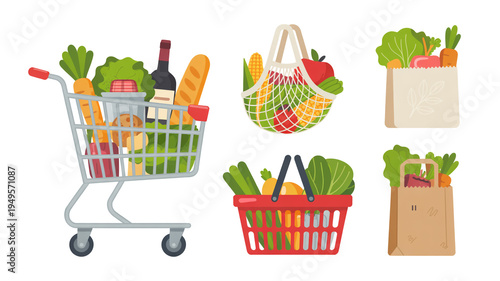 Flat cartoon style illustration of grocery shopping bags and cart.