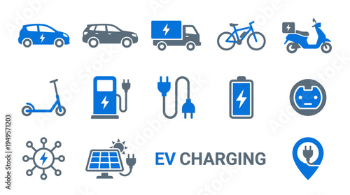 Comprehensive collection of blue and grey vector icons illustrating the diverse ecosystem of electric vehicles and their sustainable charging infrastructure for modern green transportation
