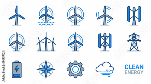 Modern vector icon set showcasing clean energy, wind power, and sustainable technology, featuring various wind turbines and renewable energy symbols