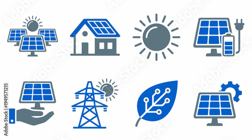 Set of icons representing solar energy and electricity, including solar panels, sun, power lines, battery, and a hand holding a solar panel
