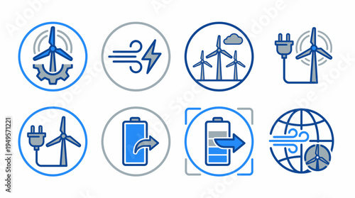 Wind Turbine and Battery Icons Representing Renewable Energy and Power Storage Solutions