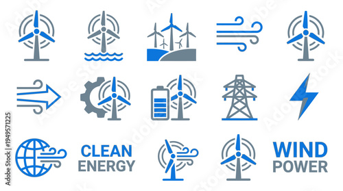 Collection of modern wind energy and clean power icons representing renewable resources, sustainable electricity generation, and eco-friendly technology solutions