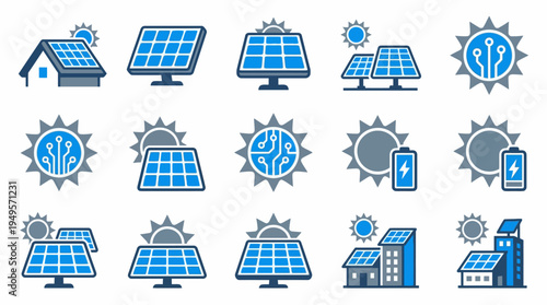 Set of solar panel icons in blue and gray, representing renewable energy generation and sun power technology for homes and businesses