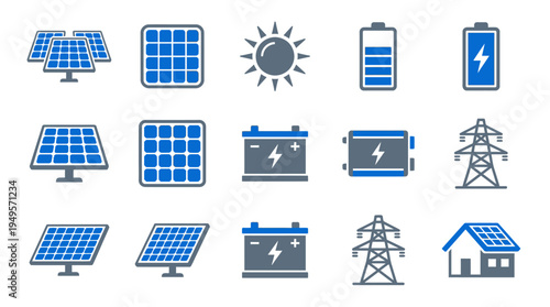 Solar energy and power generation icons representing renewable energy sources, battery storage, and electricity transmission