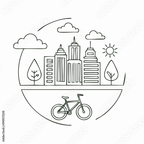Line art illustration of a city skyline with buildings, trees, clouds, sun, and a bicycle, symbolizing urban sustainability and eco-friendly transport.