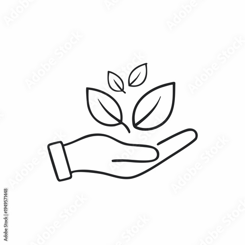 Line art icon of a hand gently holding three small leaves, symbolizing nature, growth, and environmental care.