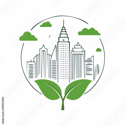 Green city skyline with leaves and clouds in a circular frame, symbolizing urban sustainability and eco-friendly development.