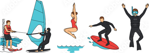 Cartoon illustration of five water sports activities including surfing, snorkeling, diving, windsurfing, and water skiing in action