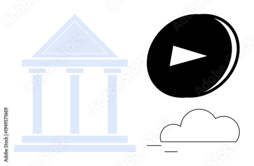 Digital governance, media streaming, cloud storage, online services, internet accessibility, technology integration. Minimalist design of a building, play icon and cloud. Digital governance