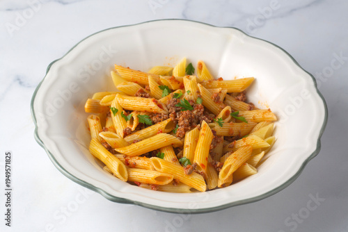 Penne pasta with minced mea...