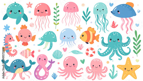 Collection of Cute Marine Life Vector Illustrations Featuring Pufferfish Jellyfish Clownfish Seahorse Octopus and Starfish with Happy Faces