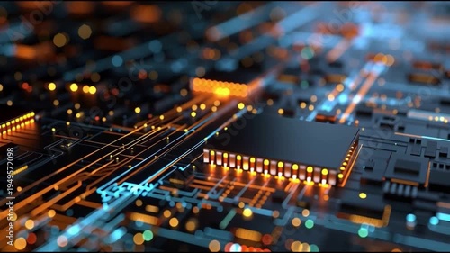 Abstract futuristic microchip circuit board with glowing electronic pathways and advanced processor components.
High tech computing concept showing illuminated digital motherboard architecture and dat
