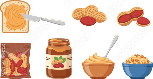 Cartoon peanut food set with peanut butter, shelled nuts, chopped peanuts, and packaging in playful vector illustration style