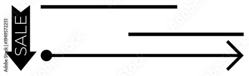 Marketing campaigns, sales promotions, direction concepts, minimal design, discounts, navigation. Black arrow with sale text and sleek lines. Marketing campaigns and sales promotions concept