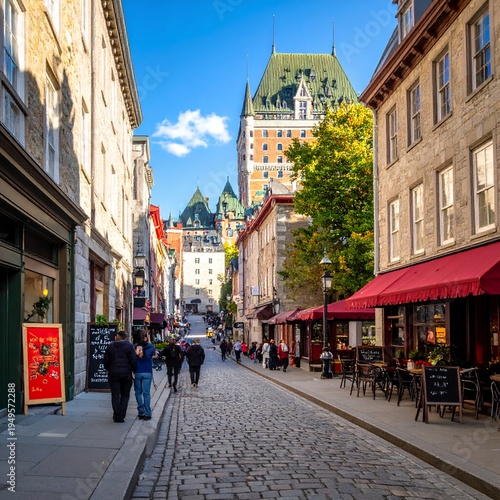 Historic Quebec City Street with Chateau Frontenac in the Background.