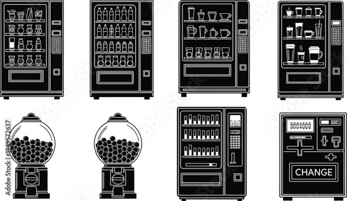Vending machine outline icon set including snack, drink, coffee and gumball dispensers with change machine, monochrome line vector illustration for retail automation concept