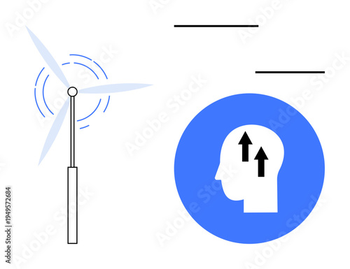 Renewable energy concept. Renewable energy ed by a wind turbine alongside a human brain innovation. Renewable energy fostering sustainable ideas and technology. For sustainability, future innovation