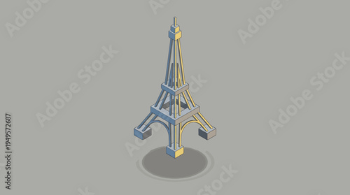 Isometric rendering of a famous European architectural landmark, a majestic iron tower structure symbolizing global travel and historical urban elegance