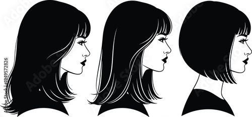 Women hairstyle silhouettes set with bob and long hair styles, female profile beauty illustration collection, fashion haircut design isolated on white background