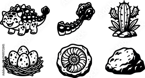 Black and white vector art set including smiling ankylosaurus dinosaur tail cactus plant nest with eggs fossil and rock isolated