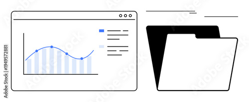 Graph on a website interface with a folder icon representing data analysis, file storage, and management. Ideal for analytics, organization, workflow, efficiency, storage, research simple flat