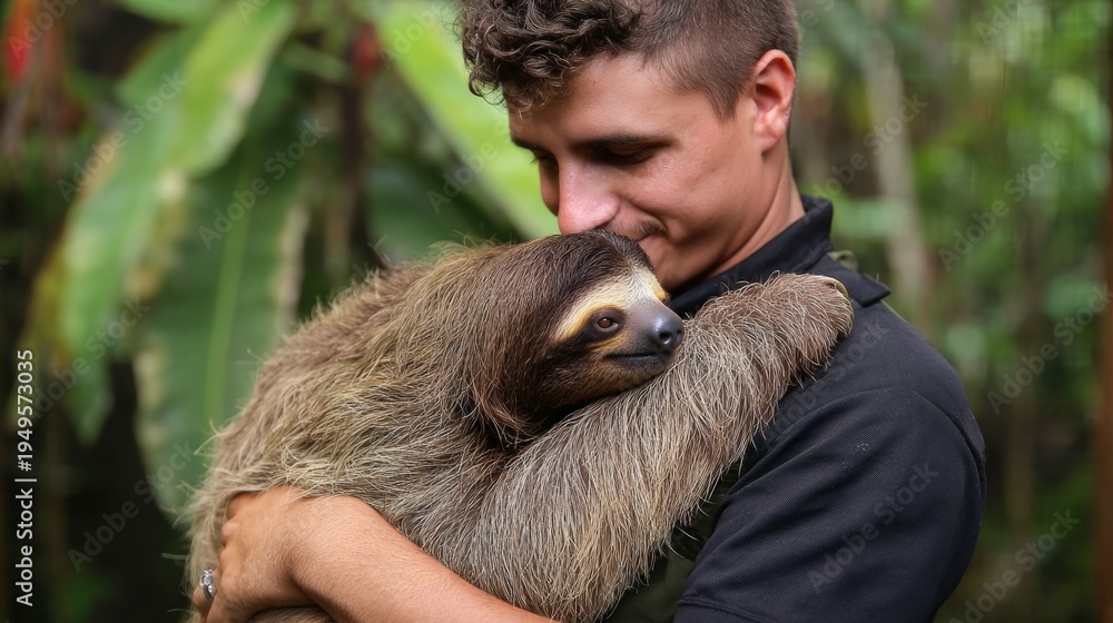 Fototapeta premium Man holding a three-toed sloth in a tropical setting