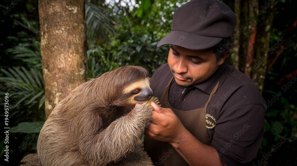 Fototapeta premium Man feeding a two-toed sloth in rainforest