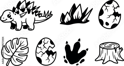 Cute cartoon stegosaurus dinosaur with cracked egg leaf and tree stump prehistoric elements black and white vector art