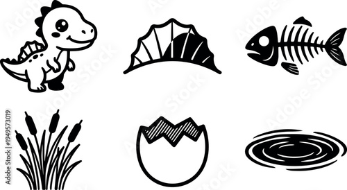 Cute baby dinosaur standing near fish skeleton cattails pond ripples and cracked egg shell vector art set